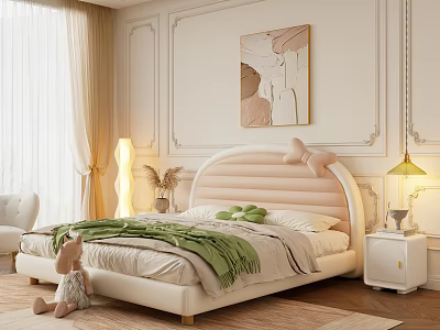 Double Bed with Pink Curved Headboard Bow Detail Green Blanket White Nightstand Lamp Beige Curtains 3d model