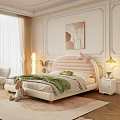 Double Bed with Pink Curved Headboard Bow Detail Green Blanket White Nightstand Lamp Beige Curtains