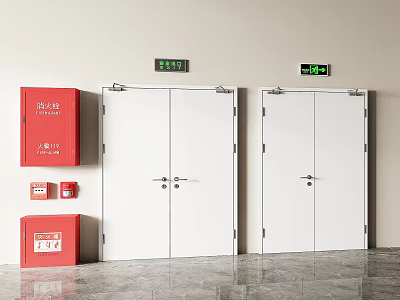 White Double Doors With Red Fire Equipment And Green Safety Exit Signs 3d model