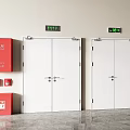 White Double Doors With Red Fire Equipment And Green Safety Exit Signs