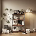 Stylish Dresser with Decorative Items Books and Potted Plants by Floor Lamp and Window Blinds