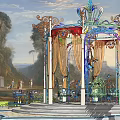 Ornate Pergola With Intricate Decorative Top Columns And Hanging Chandelier