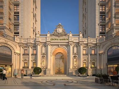 Grand Mansion Commercial Street With Decorative Architecture Arched Entrance Green Plants Paved Square And Pedestrians 3d model