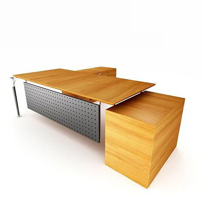 Modern Wooden Office Desk With L Shaped Design Metal Frame And Perforated Panel 3d model