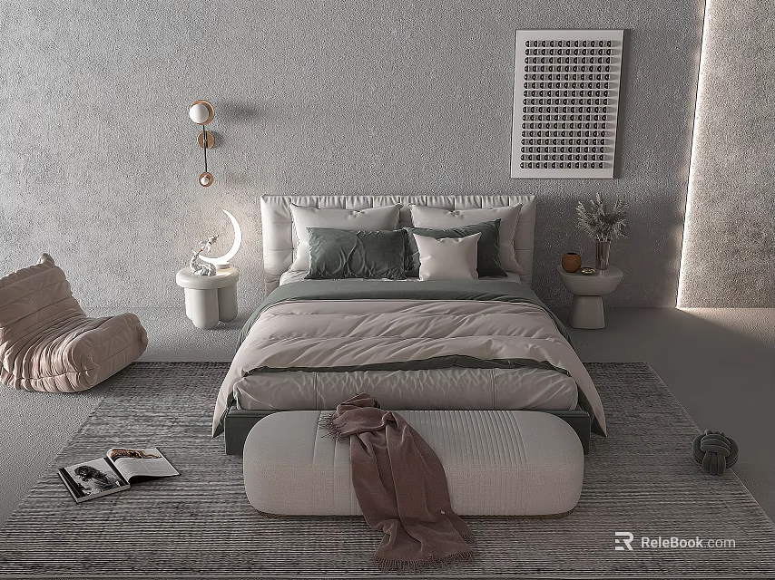 Modern Double Bed Interior With Green Beige Pillows Ottoman And Grid Art On Grey Wall 3d model 