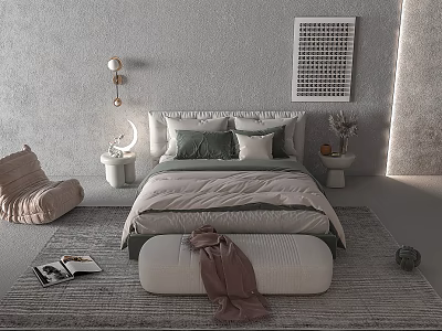 Modern Double Bed Interior With Green Beige Pillows Ottoman And Grid Art On Grey Wall 3d model