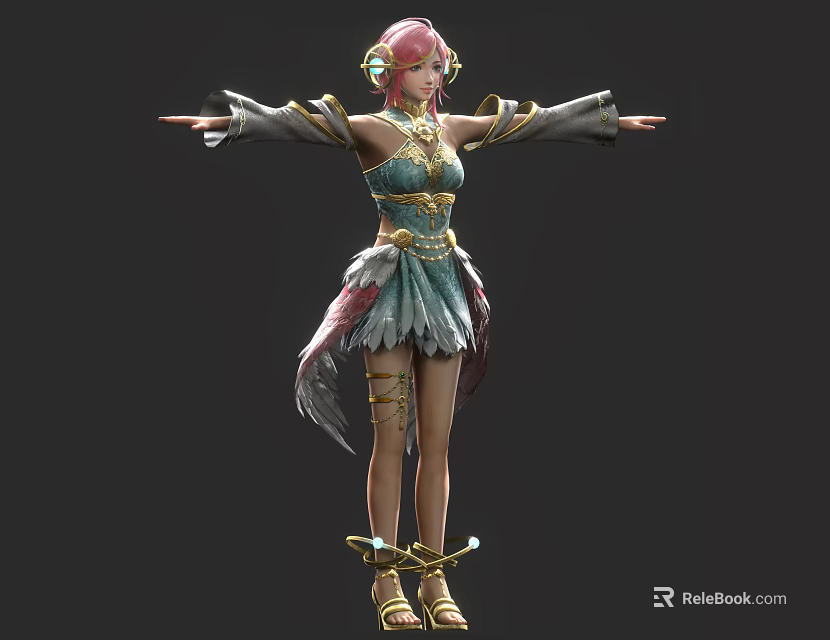 Female Character With Pink Hair And Avian Creature Features In Elaborate Feathered Outfit 3d model 
