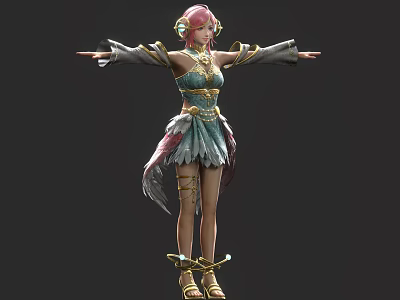 Female Character With Pink Hair And Avian Creature Features In Elaborate Feathered Outfit 3d model