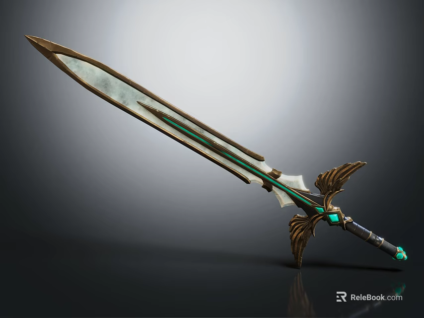 Fantasy Warrior Sword With Golden Winged Hilt And Green Gemstone Accents 3d model 