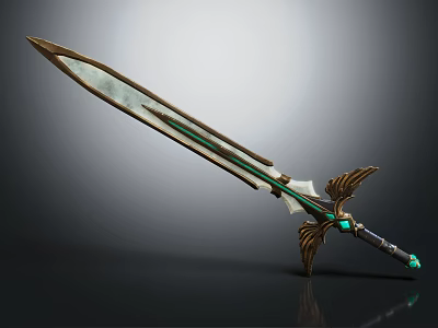 Fantasy Warrior Sword With Golden Winged Hilt And Green Gemstone Accents 3d model