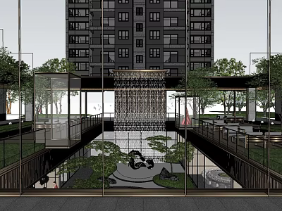 Modern Garden Landscape with Water Feature Green Plants and Glass Corridor near High Rise Building 3d model
