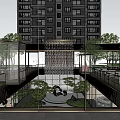 Modern Garden Landscape with Water Feature Green Plants and Glass Corridor near High Rise Building
