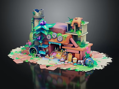 Colorful Cartoon Scenic Building With Multi Layered Structure Green Plants And Decorative Clocks 3d model