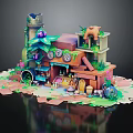 Colorful Cartoon Scenic Building With Multi Layered Structure Green Plants And Decorative Clocks