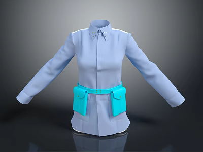 Light Blue Button Front Collared Long Sleeve Shirt With Waist Belt Bag And Two Pockets 3d model