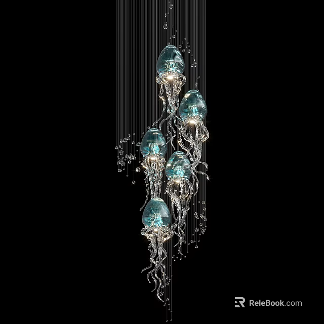 Jellyfish Inspired Unique Shaped Pendant Light With Blue Glass Shades And Crystal Beads 3d model 