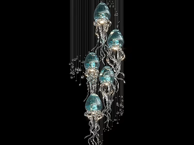Jellyfish Inspired Unique Shaped Pendant Light With Blue Glass Shades And Crystal Beads 3d model