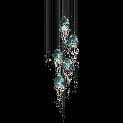 Jellyfish Inspired Unique Shaped Pendant Light With Blue Glass Shades And Crystal Beads 3d model