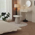 White Padded Stool on Round Rug with Monstera Plant Floor Lamp and Dressing Table