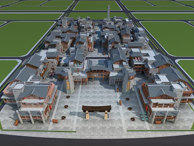 Traditional Chinese Commercial Street Featuring Central Plaza Gray Tile Roofs And Pagoda Towers 3d model