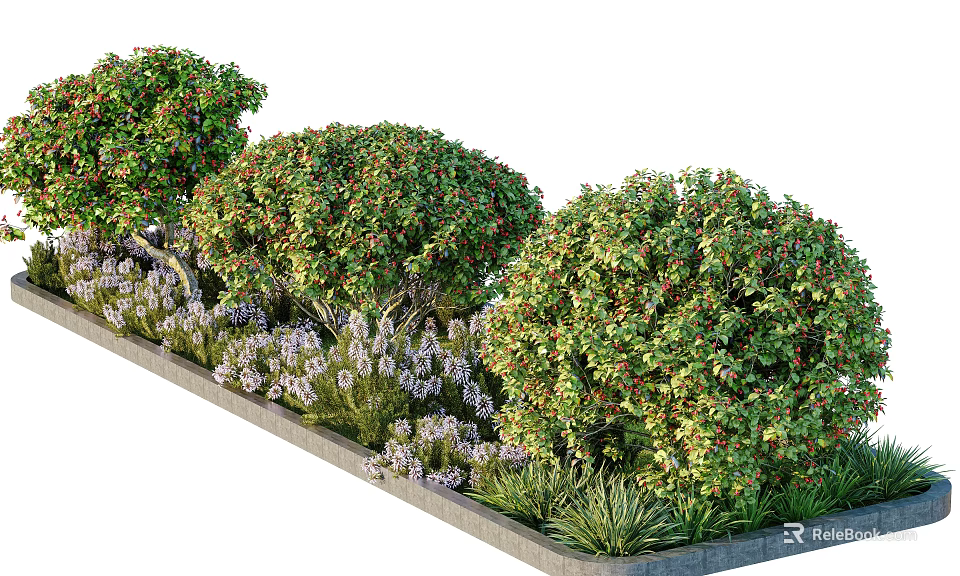 Lush Green Bushes With Red Berries And Purple Flowers In Garden Bed 3d model 