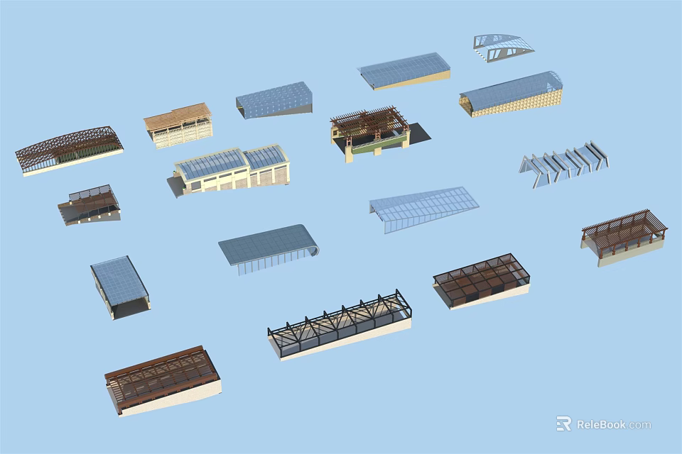 Various Road Facilities Structures with Metal Frames Transparent Canopies and Cover Components 3d model
