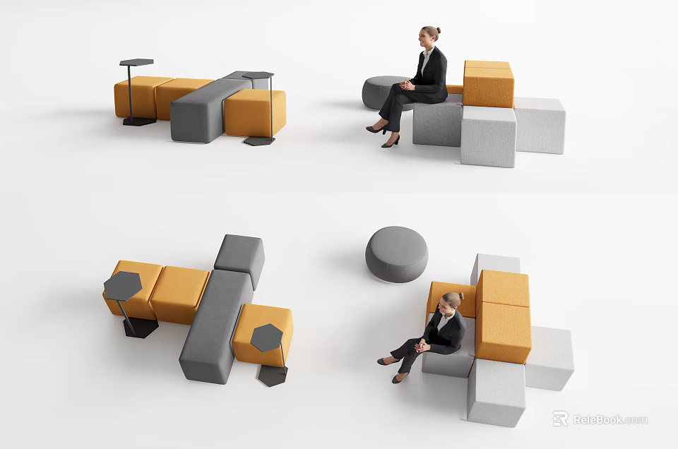 Modern Modular Sofa Set Featuring Gray Orange White Blocks For Interior Seating Design 3d model
