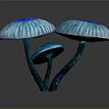 Bioluminescent Blue Mushrooms with Ruffled Edges Deep Blue Centers and Shiny Reflections on Dark Background