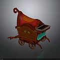 Decorative Wooden Cart With Red Fabric Curved Handle Green Cloth Drawer And Wheels