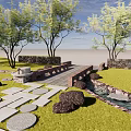 Garden Stepping Stones Path With Stone Slabs Green Grass And Trees