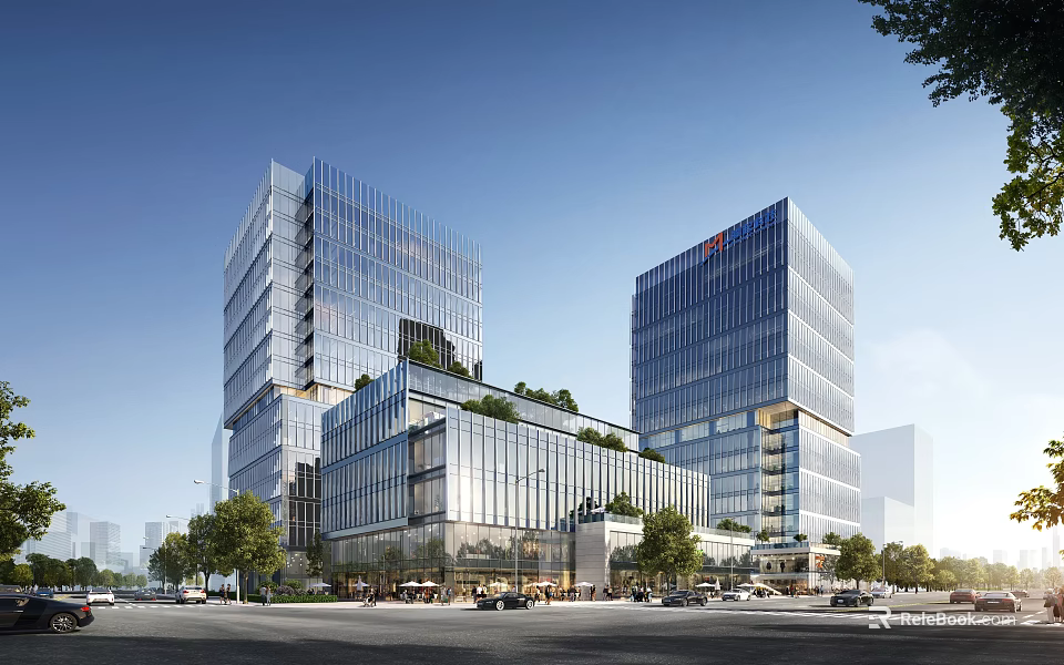 Modern Office Buildings With Glass Curtain Walls Rooftop Greenery Trees Around Urban Street And Vehicles 3d model 