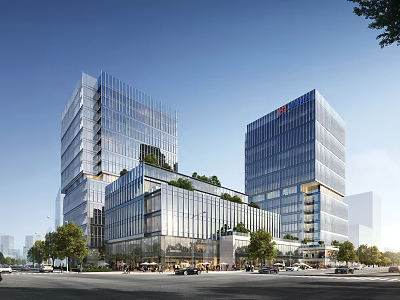 Modern Office Buildings With Glass Curtain Walls Rooftop Greenery Trees Around Urban Street And Vehicles 3d model