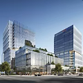 Modern Office Buildings With Glass Curtain Walls Rooftop Greenery Trees Around Urban Street And Vehicles