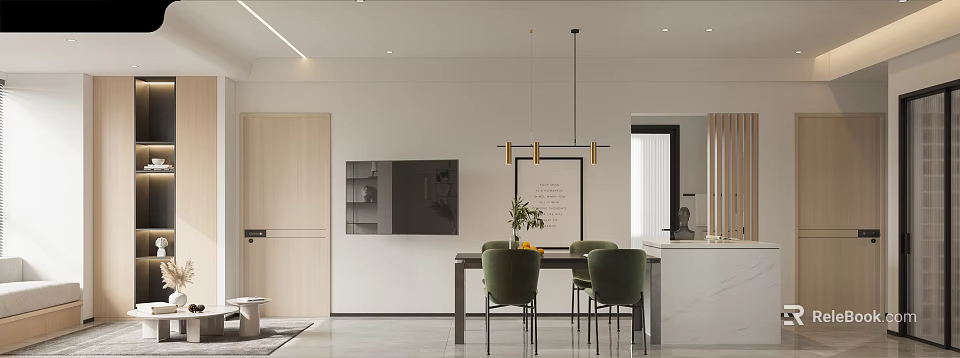 Modern Apartment Dining Area Interior With Green Chairs Dining Table And Pendant Lights 3d model
