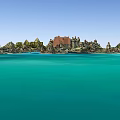 Scenic Landscape With Green Mountains Rocky Shores Water And Buildings