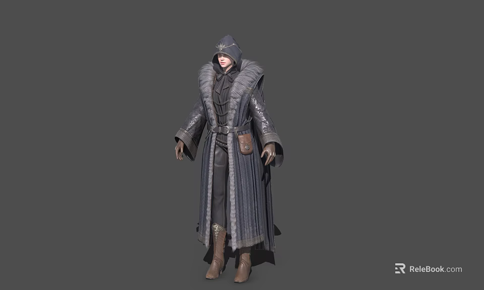 Game Movie Character Hooded In Long Leather Coat With Fur Collar Belt And Brown Boots 3d model 