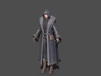 Game Movie Character Hooded In Long Leather Coat With Fur Collar Belt And Brown Boots 3d model