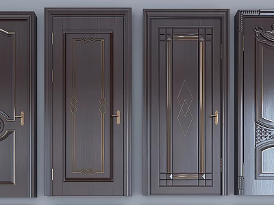 Dark Wooden Hinged Doors With Various Decorative Carvings Lines Details And Brass Handles 3d model