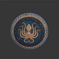 Circular Decorative Plate With Blue Background Gold Octopus Design And Ornate Border