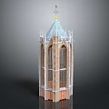 Gothic Architecture Tower With Spire Arched Windows And Stone Brick Structure 3d model