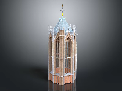 Gothic Architecture Tower With Spire Arched Windows And Stone Brick Structure 3d model
