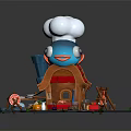 Cartoon Style Whale Shaped Hut With Red Roof Tiles Meat Skewers And Figures