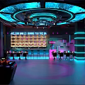 Stylish Modern Bar Interior With Neon Lights Wine Shelves Bar Counter And Seating Design