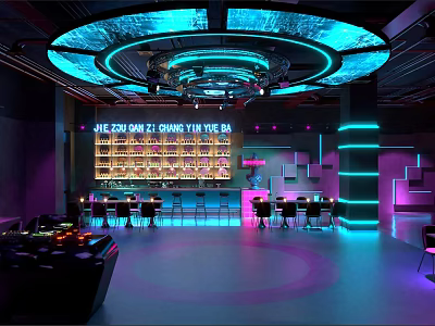 Stylish Modern Bar Interior With Neon Lights Wine Shelves Bar Counter And Seating Design 3d model