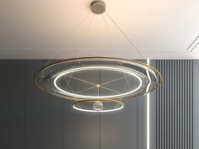 Modern Double Ring Chandelier with Circular Metal Frames and Illuminated LED Lights in Contemporary Room 3d model