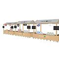 Three Wooden Retail Kiosks Side By Side With Awnings Displaying Boxed Products