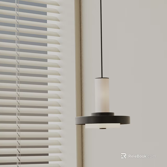 Minimalist Modern Pendant Light With White Shade And Black Base Near Window Blinds 3d model 