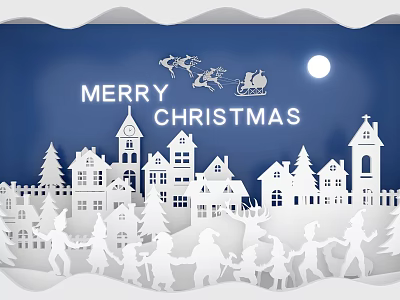 Festive Christmas Window Display With Sleigh Reindeer Moon Houses Trees And Children Holding Hands 3d model