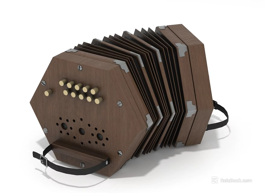 Vintage Wooden Accordion Musical Instrument With Classic Design And Brass Buttons 3d model 