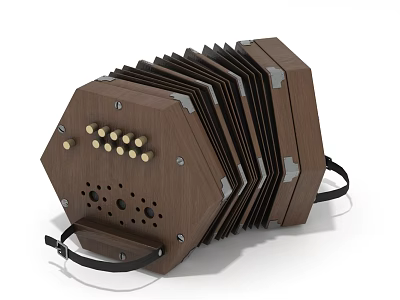 Vintage Wooden Accordion Musical Instrument With Classic Design And Brass Buttons 3d model